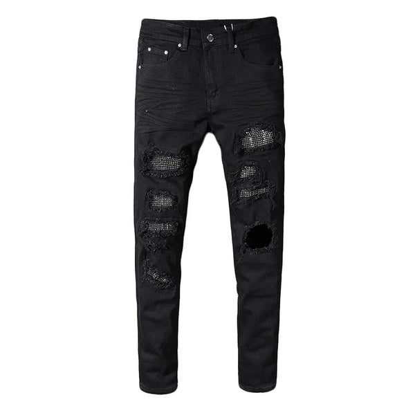 Slim Fit Rhinestone Embellished Ripped Denim Jeans for Men
